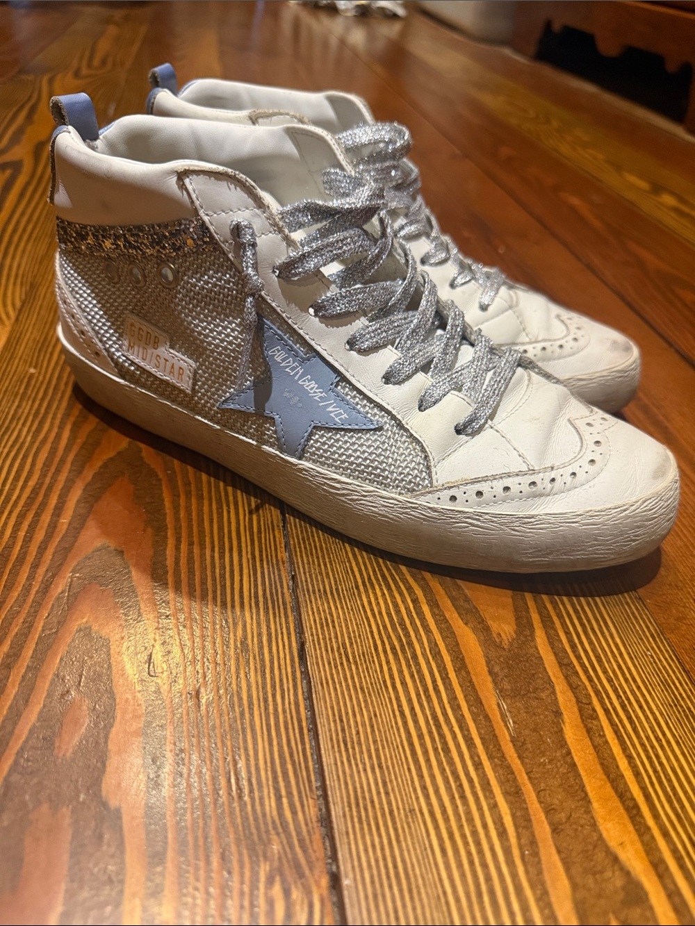 Golden Goose White Mid Star Sneakers with Light Blue Star and Silver Laces
